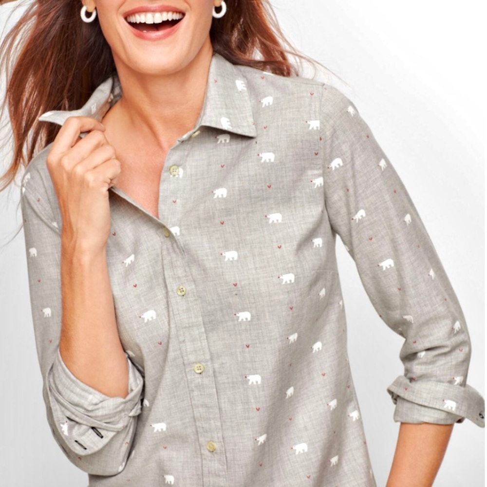 Talbots Polar Bear Shirt Women’s Size M Button Front Classic Winter Gray
